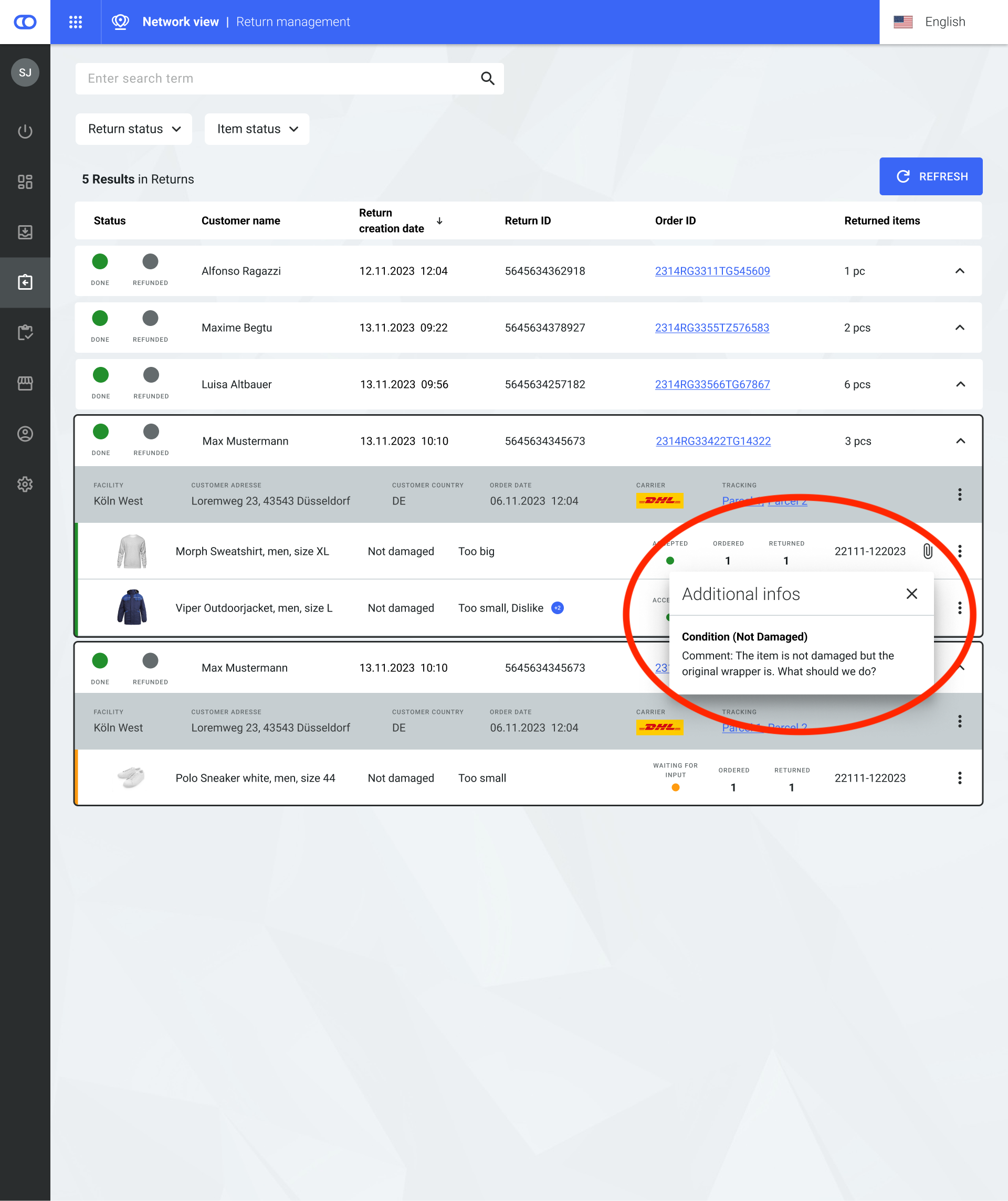 Returns overview in the Backoffice with paper clip icon and additional information