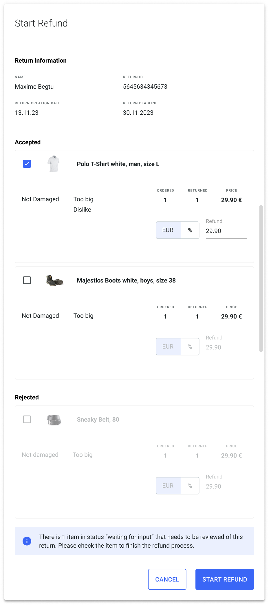 View of the "Trigger Refund" dialog with examples and options