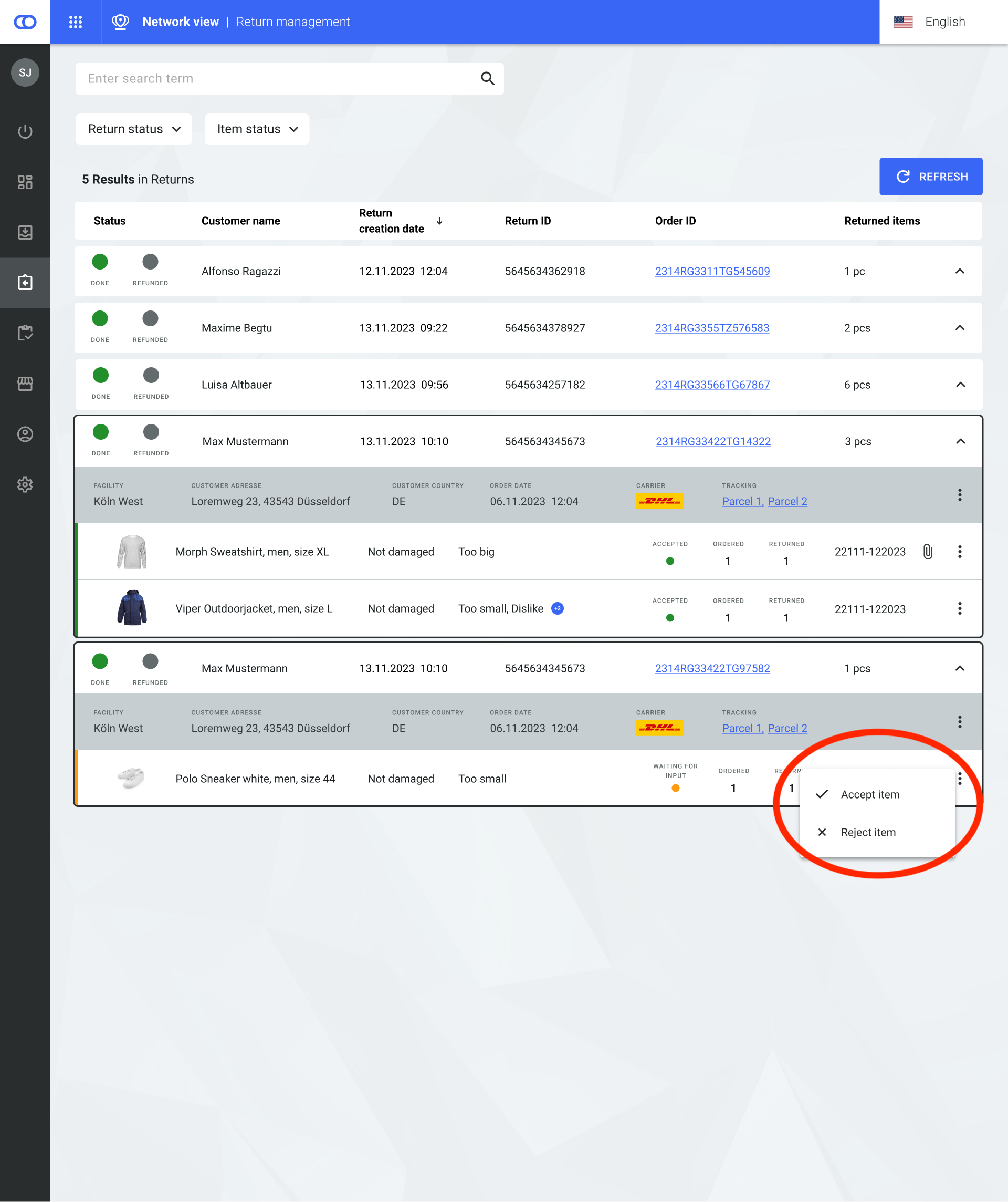 Returns page in the Backoffice with examples