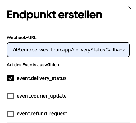Screenshot of the Uber developer dashboard showing the webhook configuration for delivery status events.
